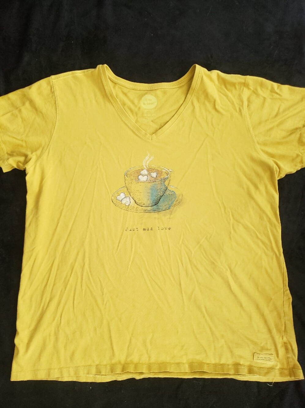 Life Is Good Vintage Yellow Hot Cocoa "Just Add Love" V-Neck XXL - Picture 2 of 6